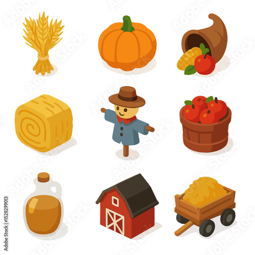 Harvest Festival Icons. Isometric Flat icon set of harvest festivals: sheaf of wheat, pumpkin, cornucopia, hay bale, scarecrow,