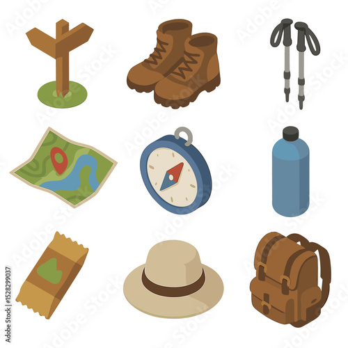 Hiking Essentials Icon Set. Isometric Flat icon set of hiking trails around lakes: trail signpost, hiking boots, trekking poles,