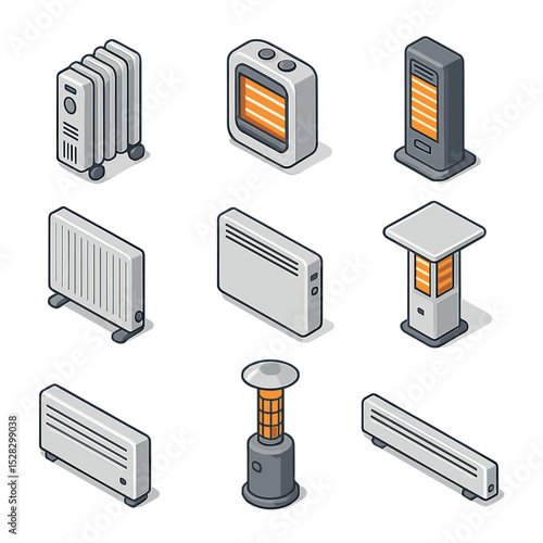 Heater Icons Grid. Isometric Flat icon set of portable vs fixed heaters: portable heater wheels, tabletop heater, tower heater,