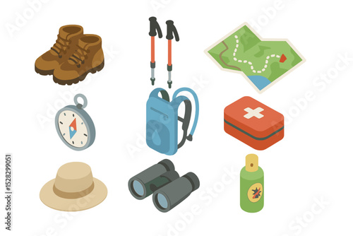 Hiking Essentials Icons. Isometric Flat icon set of Hiking trail essentials: hiking boots, trekking poles, trail map, compass,
