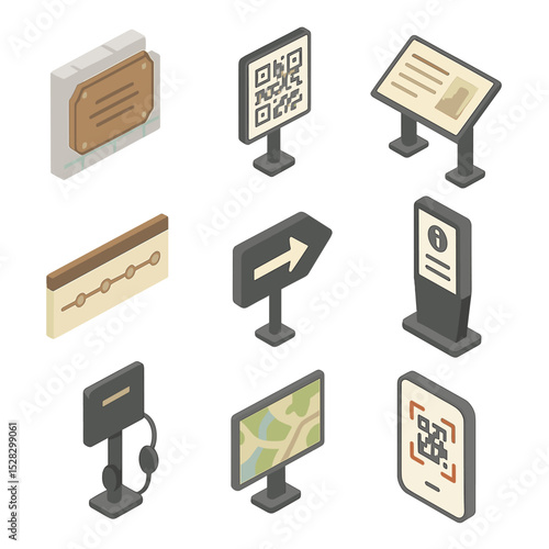 Historical Signage Icons. Isometric Flat icon set of Historical information signage: plaque on wall, QR code panel, interpretive