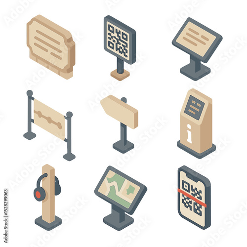 Historical Signage Icons. Isometric Flat icon set of Historical information signage: plaque on wall, QR code panel, interpretive