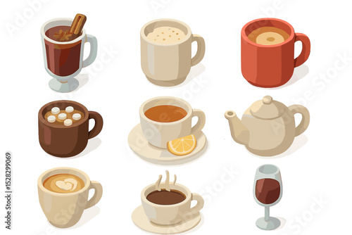 Holiday Drink Icons. Isometric Flat icon set of holiday beverages selection: mulled wine glass, eggnog mug, cider cup, hot