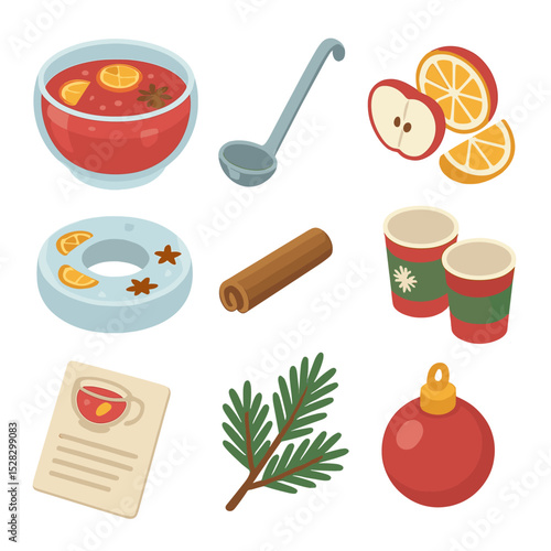 Holiday Punch Icons. Isometric Flat icon set of Holiday punch bowl delights: punch bowl, ladle, fruit slices, ice ring, cinnamon