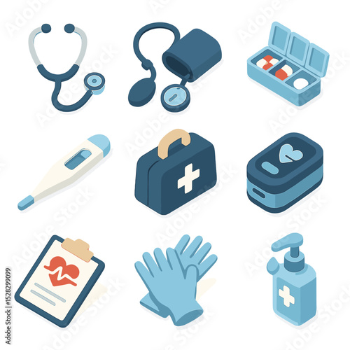 Home Healthcare Icons. Isometric Flat icon set of home healthcare visit: stethoscope, blood pressure cuff, medication organizer,