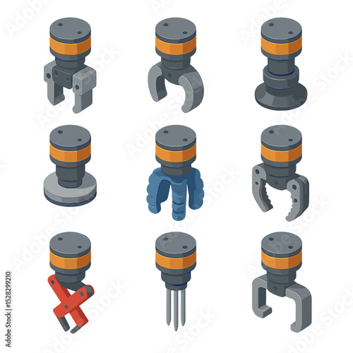 Industrial Robot End Effectors. Isometric Flat icon set of industrial robot end effectors: parallel jaw gripper, three-finger