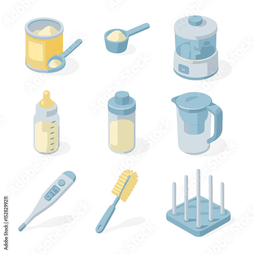 Infant Formula Tools. Isometric Flat icon set of Infant formula preparation station: formula canister, powder scoop, sterilizer,
