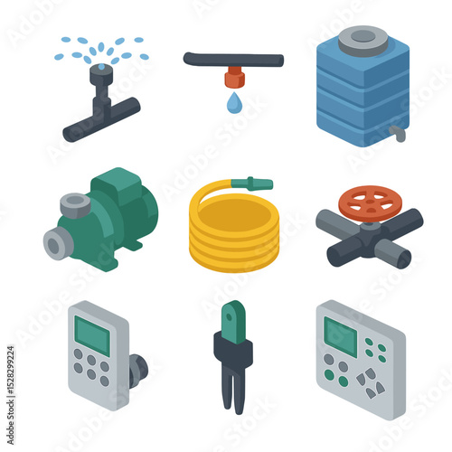Irrigation System Icons. Isometric Flat icon set of irrigation systems: sprinkler head, drip line, water tank, pump, garden hose,
