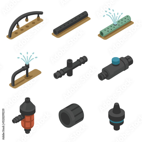 Irrigation Hose System Icons. Isometric Flat icon set of Irrigation system hose setups: drip tubing, soaker line, sprinkler hose,