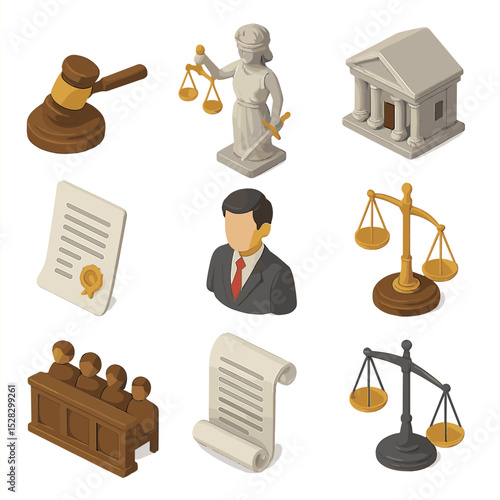 Isometric Justice Icons. Isometric Flat icon set of Fair trial and justice: gavel, blindfolded statue, courthouse, legal document,