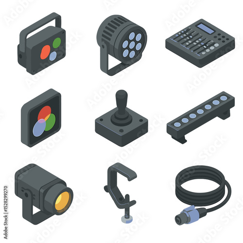 LED Performance Lights Icons. Isometric Flat icon set of LED Performance Lights: RGB wash light, par can, DMX controller, color
