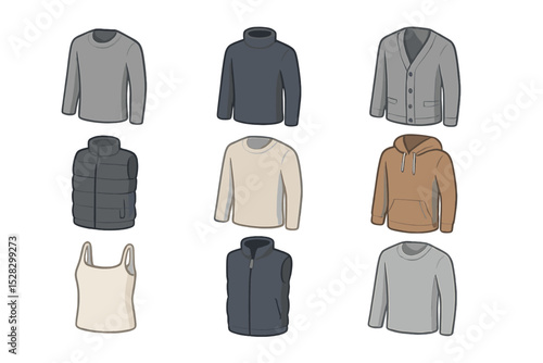 Layering Essentials Icons. Isometric Flat icon set of layering essentials: thermal base layer, turtleneck sweater, cardigan, down