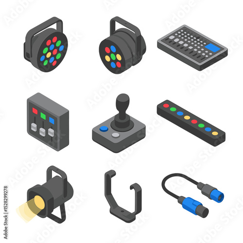 LED Performance Lights Icons. Isometric Flat icon set of LED Performance Lights: RGB wash light, par can, DMX controller, color
