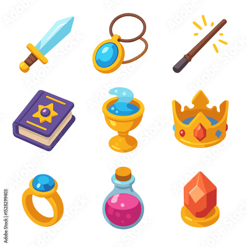 Magical Artifacts Collection. Isometric Flat icon set of Magical artifact trove: enchanted sword, glowing amulet, magic wand,