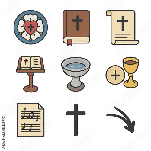 Lutheran Symbols Icons. Isometric Flat icon set of Lutheran doctrinal symbols: Luther rose emblem, justification Bible, catechism