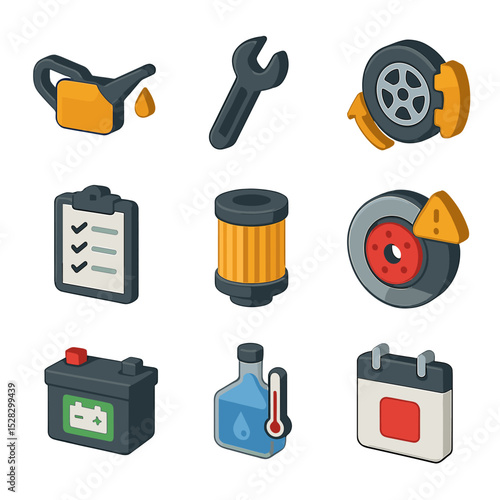 Maintenance Icon Grid. Isometric Flat icon set of Maintenance and Service Reminders: oil change icon, service wrench, tire