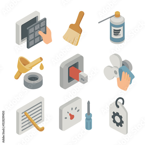 Maintenance Task Icons. Isometric Flat icon set of maintenance tasks: filter removal, dust brush, coil cleaning spray, oil refill