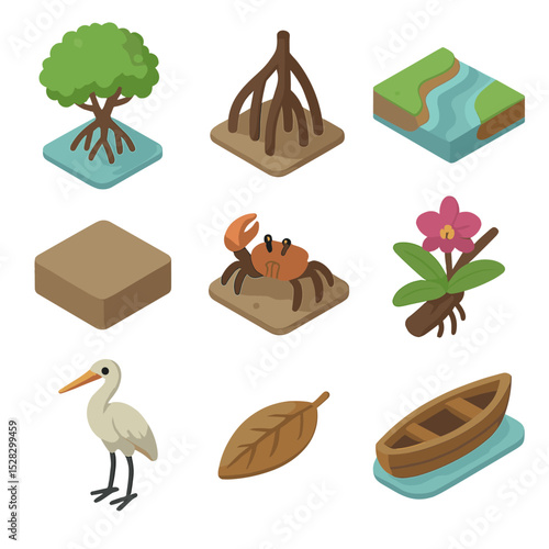 Mangrove Ecosystem Icons. Isometric Flat icon set of mangrove swamp ecosystem: mangrove tree, aerial root, tidal water channel,