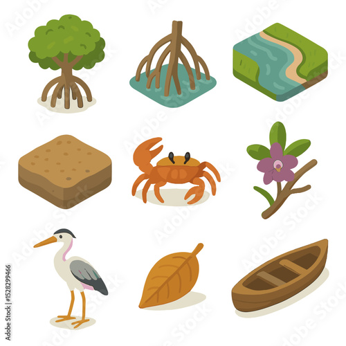 Mangrove Ecosystem Icons. Isometric Flat icon set of mangrove swamp ecosystem: mangrove tree, aerial root, tidal water channel,