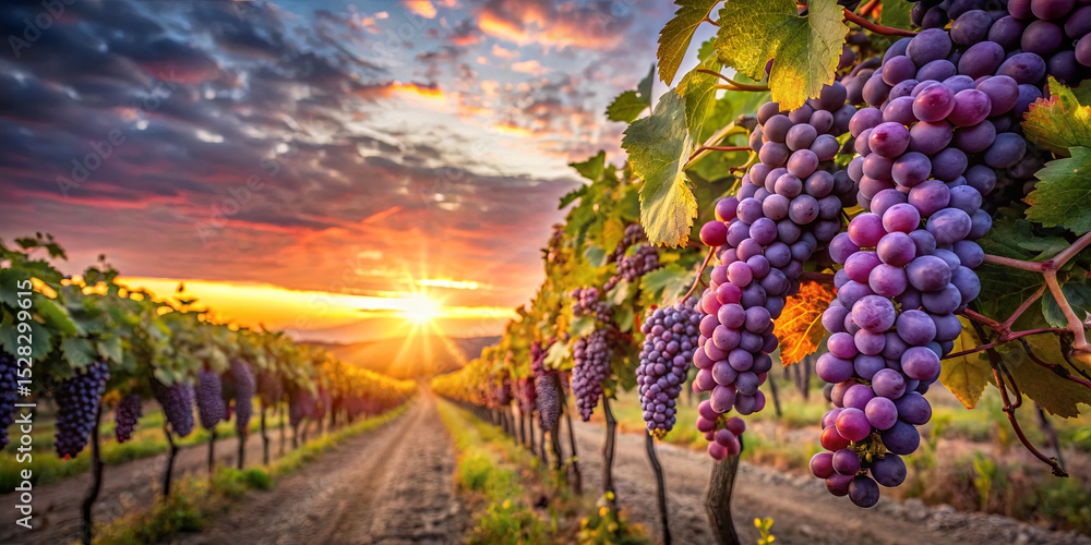 Naklejka premium Rows of grapevines stretch toward the horizon, filled with plump, ripe grapes. A stunning sunset paints the sky in vibrant colors, creating a serene and picturesque vineyard scene