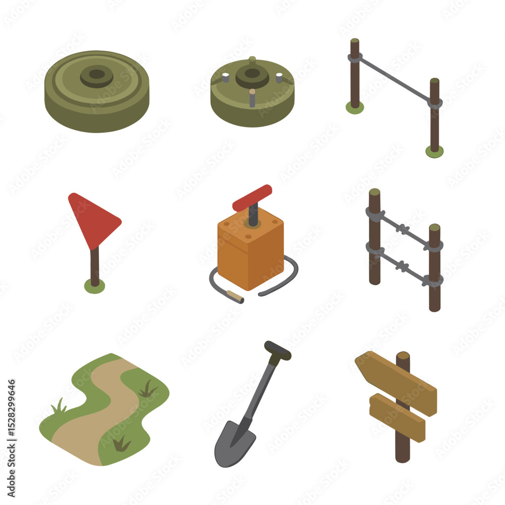 Obraz premium Minefield Setup Icons. Isometric Flat icon set of minefield emplacement setup: anti-tank mine, anti-personnel mine, tripwire