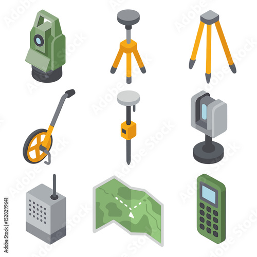 Mine Survey Tools Icons. Isometric Flat icon set of Mine surveying and mapping: total station, theodolite, survey tripod,