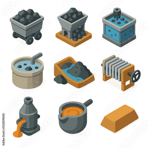 Mineral Extraction Icons. Isometric Flat icon set of Mineral extraction processes: ore cart, ore crusher, flotation cell, leaching