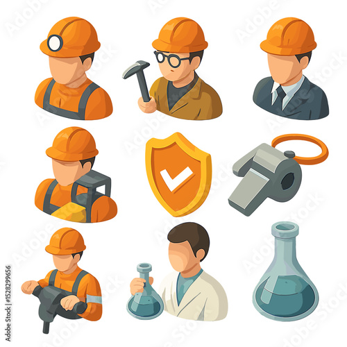 Mining Roles Icon Set. Isometric Flat icon set of Mining personnel roles: miner avatar, geologist avatar, mining engineer avatar,