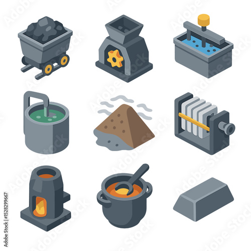 Mineral Extraction Icons. Isometric Flat icon set of Mineral extraction processes: ore cart, ore crusher, flotation cell, leaching