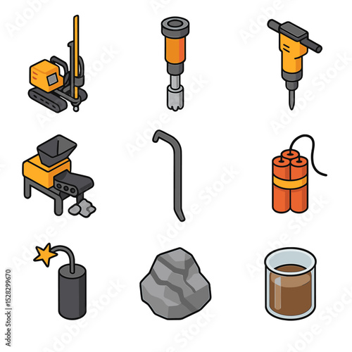 Mining Equipment Icons. Isometric Flat icon set of Hard rock mining equipment: drilling rig, core drill, jackhammer, rock crusher,