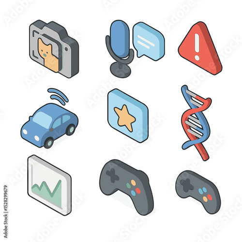 Modern Application Icons. Isometric Flat icon set of Application Domains: image classifier camera, speech recognition mic, NLP