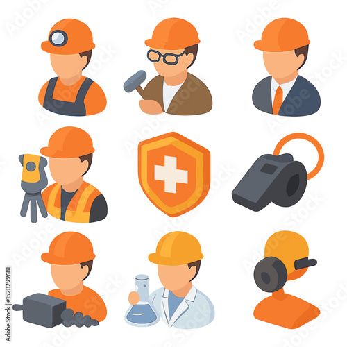 Mining Roles Icon Set. Isometric Flat icon set of Mining personnel roles: miner avatar, geologist avatar, mining engineer avatar,
