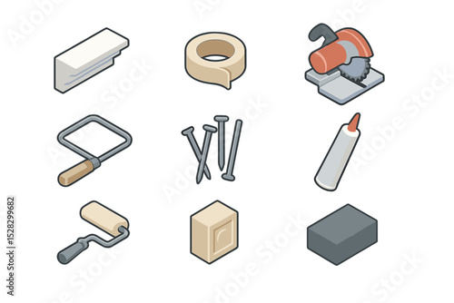 Molding Tools Icon Set. Isometric Flat icon set of cornice and crown molding fitting: cornice molding, adhesive tape, miter saw,