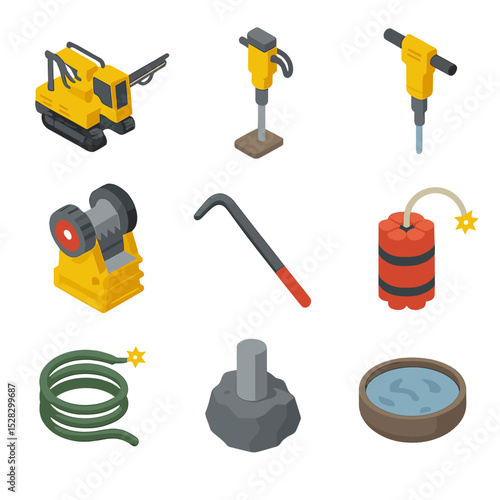 Mining Equipment Icons. Isometric Flat icon set of Hard rock mining equipment: drilling rig, core drill, jackhammer, rock crusher,