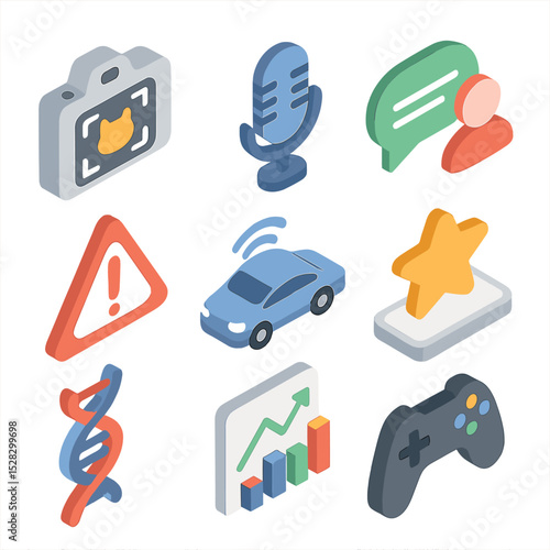 Modern Application Icons. Isometric Flat icon set of Application Domains: image classifier camera, speech recognition mic, NLP