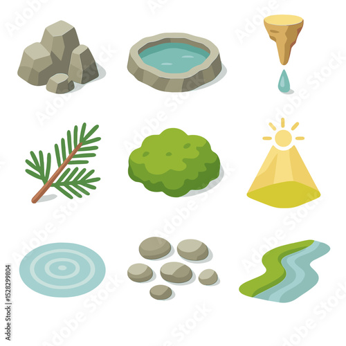 Isometric Nature Icons. Isometric Flat icon set of Mountain Spring Source: rocky outcrop, crystal-clear pool, dripping stalactite,