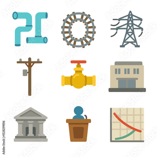Natural Monopoly Infrastructure Icons. Isometric Flat icon set of Natural monopoly infrastructure: water pipe network, rail track