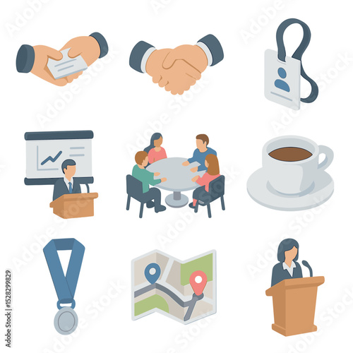 Networking Event Icons. Isometric Flat icon set of networking and events: business card exchange, handshake, conference badge,
