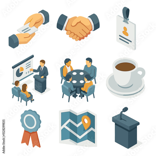 Networking Event Icons. Isometric Flat icon set of networking and events: business card exchange, handshake, conference badge,