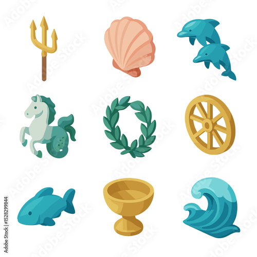 Neptune Symbolism Icons. Isometric Flat icon set of Neptune deity symbolism: trident spear, sea shell, dolphin pair, hippocamp