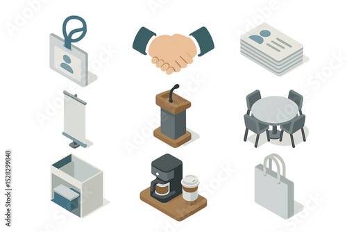 Networking Event Essentials. Isometric Flat icon set of networking event essentials: name badge, handshake icon, business card