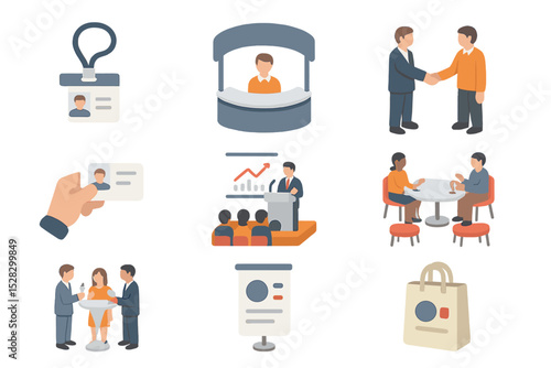 Networking Event Icons. Isometric Flat icon set of networking events: name badge, expo booth, handshake, business card, keynote