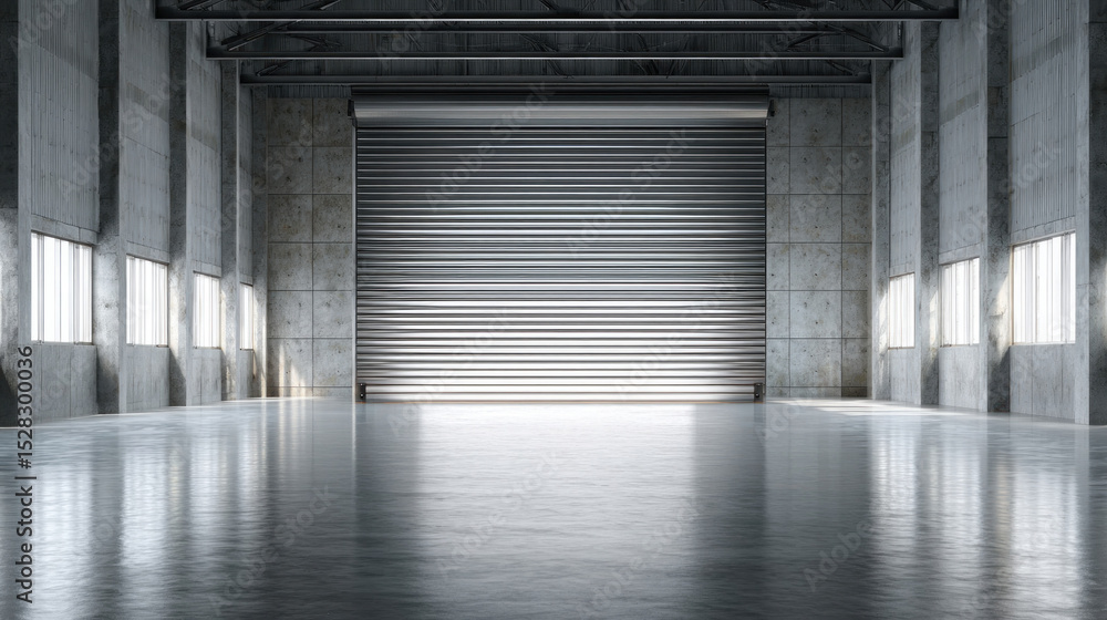 Obraz premium Interior of industrial warehouse with closed metallic roller shutter door, polished concrete floor reflecting soft light, clean empty space for product display background