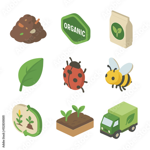 Organic Farming Icons. Isometric Flat icon set of organic farming: compost pile, organic label, fertilizer bag, eco truck, green