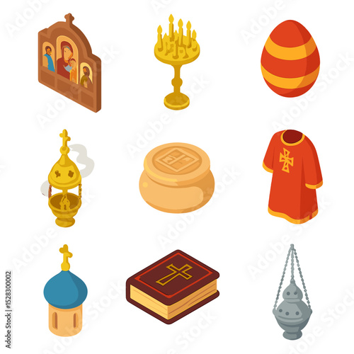 Orthodox Worship Icons. Isometric Flat icon set of Orthodox worship traditions: iconostasis panel, beehive candleholder, Easter