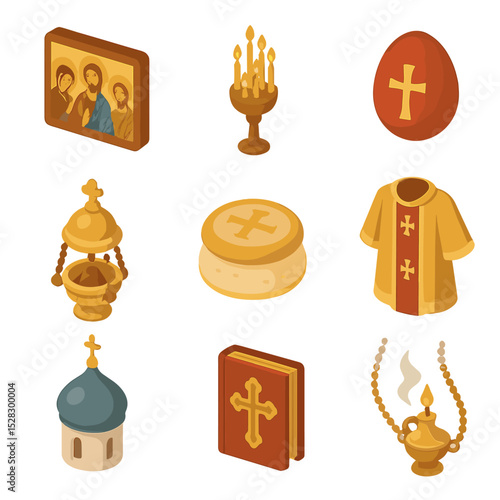 Orthodox Worship Icons. Isometric Flat icon set of Orthodox worship traditions: iconostasis panel, beehive candleholder, Easter