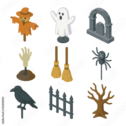 Outdoor Yard Decor Icons. Isometric Flat icon set of outdoor yard decor: scarecrow, inflatable ghost, tombstone arch, skeleton