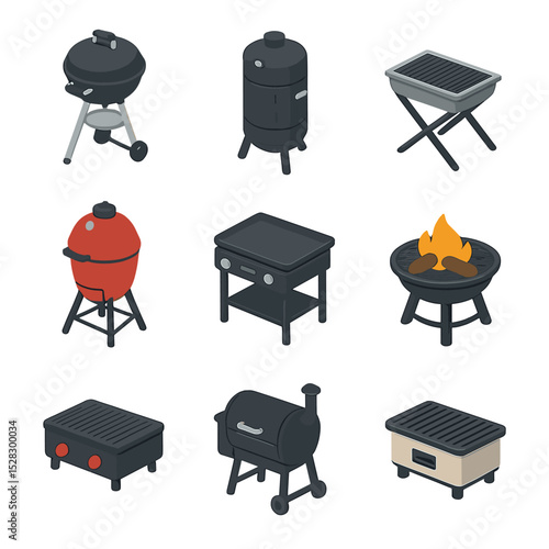 Outdoor Grills Icons. Isometric Flat icon set of outdoor barbecue setups: kettle grill, smoker barrel, portable grill, kamado