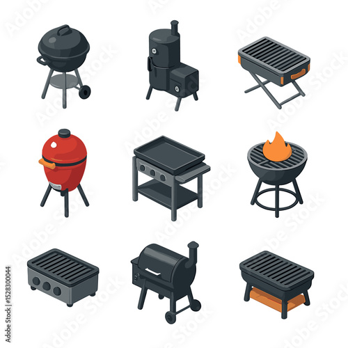 Outdoor Grills Icons. Isometric Flat icon set of outdoor barbecue setups: kettle grill, smoker barrel, portable grill, kamado