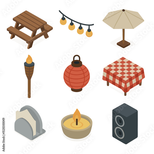 Outdoor Grilling Essentials. Isometric Flat icon set of grilling ambiance and decor: picnic table, string lights, outdoor umbrella